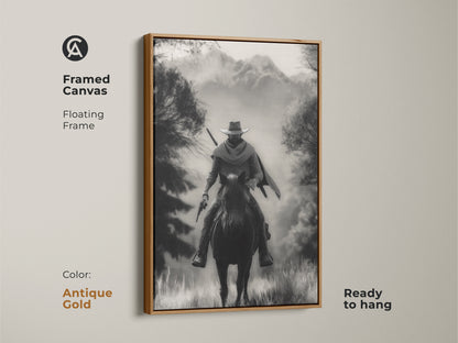 Framed canvas art in antique gold featuring a monochrome cowboy on horseback. The floating frame highlights this Western landscape artwork. Ready to hang this rustic piece is perfect for a study room or home office. A timeless adventure themed artwork in black and white.