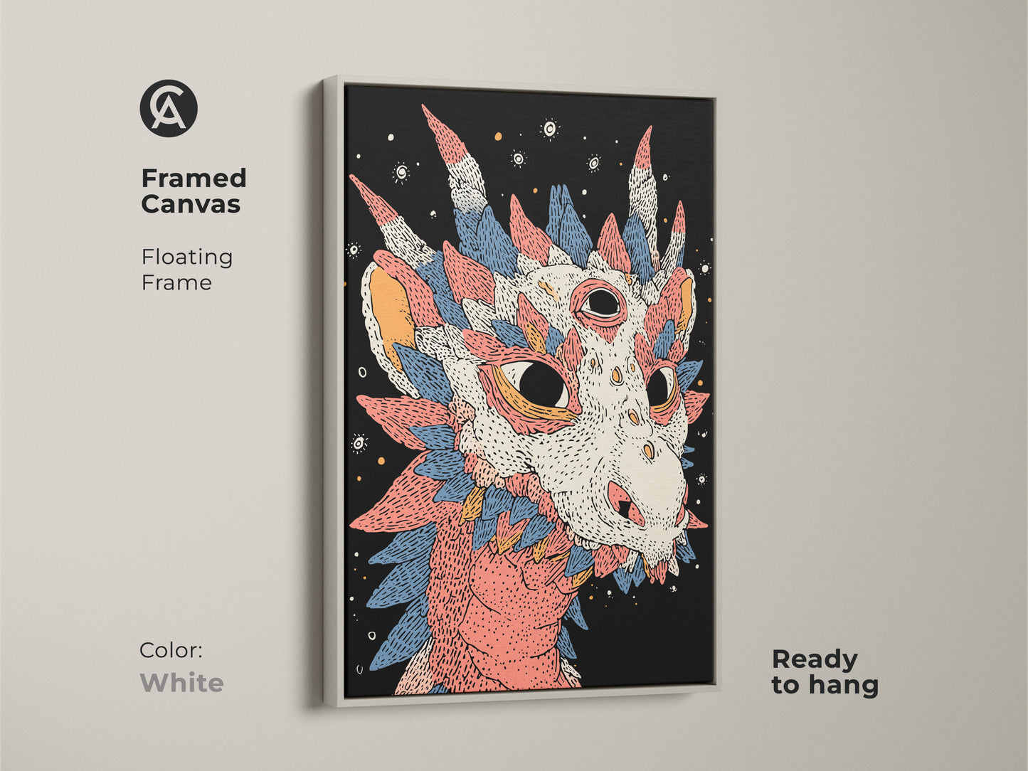 Framed canvas with a white floating frame. This dragon art for office is a unique wall hanging. It's a perfect gift for fantasy enthusiasts. A great conversation starter.
