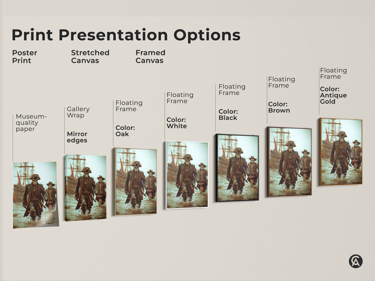 Explore print presentation options for skeleton pirate captain artwork. Choose from poster stretched or framed canvas. Options include gallery wrap museum-quality paper and floating frames in colors like black brown oak white and antique gold.