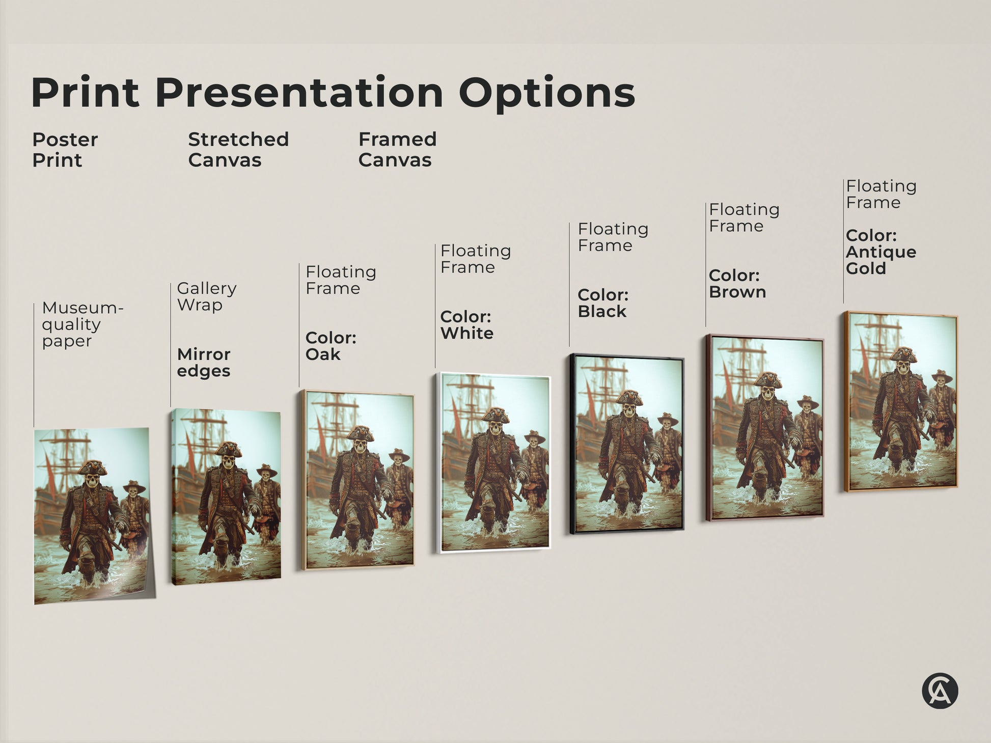 Explore print presentation options for skeleton pirate captain artwork. Choose from poster stretched or framed canvas. Options include gallery wrap museum-quality paper and floating frames in colors like black brown oak white and antique gold.
