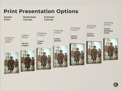 Explore print presentation options for skeleton pirate captain artwork. Choose from poster stretched or framed canvas. Options include gallery wrap museum-quality paper and floating frames in colors like black brown oak white and antique gold.