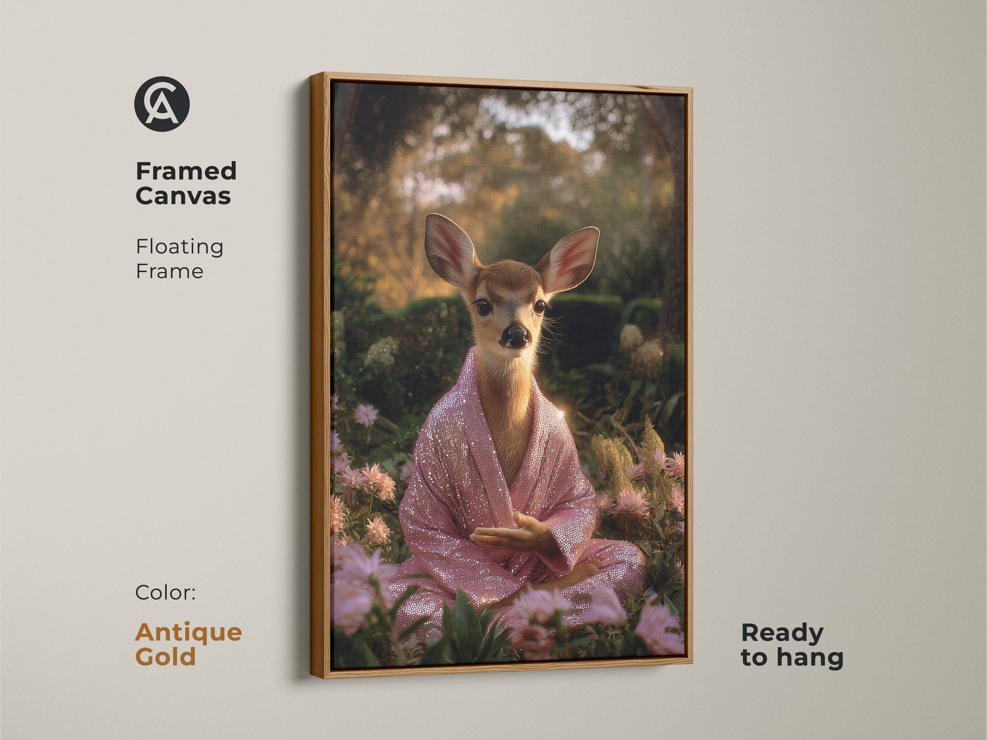 Framed canvas with a floating antique gold frame featuring a meditating deer. The spiritual animal art is ready to hang. This boho chic wall decor is a unique animal artwork. The pink sequin robe art is relaxing.