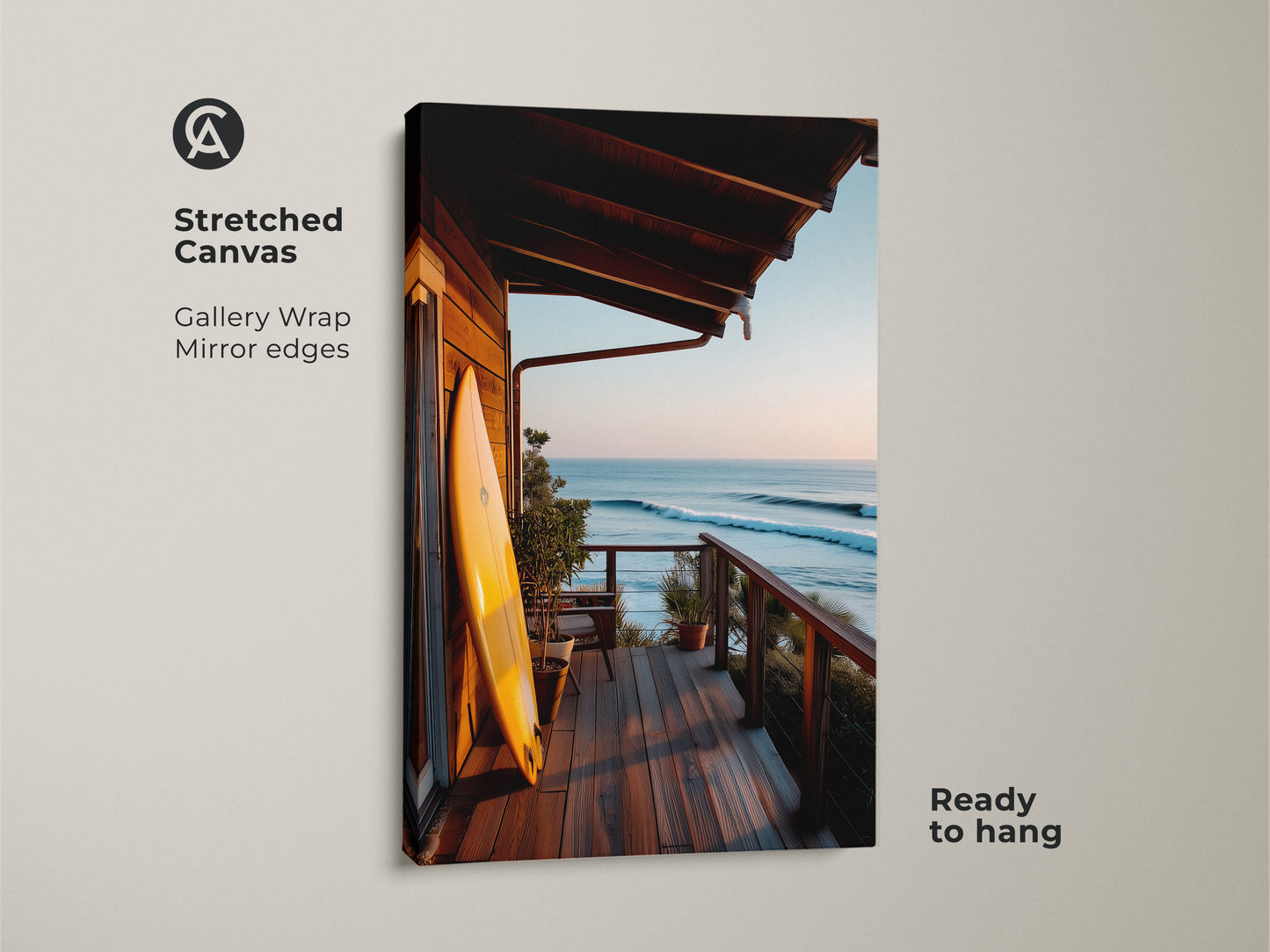 A stretched canvas print features a surfboard on a porch with an ocean view. The gallery wrap and mirror edges enhance the coastal artwork. This ready-to-hang piece brings a beach vibe. Ideal for adding a touch of the ocean to any room. It is a beautiful surf art piece.