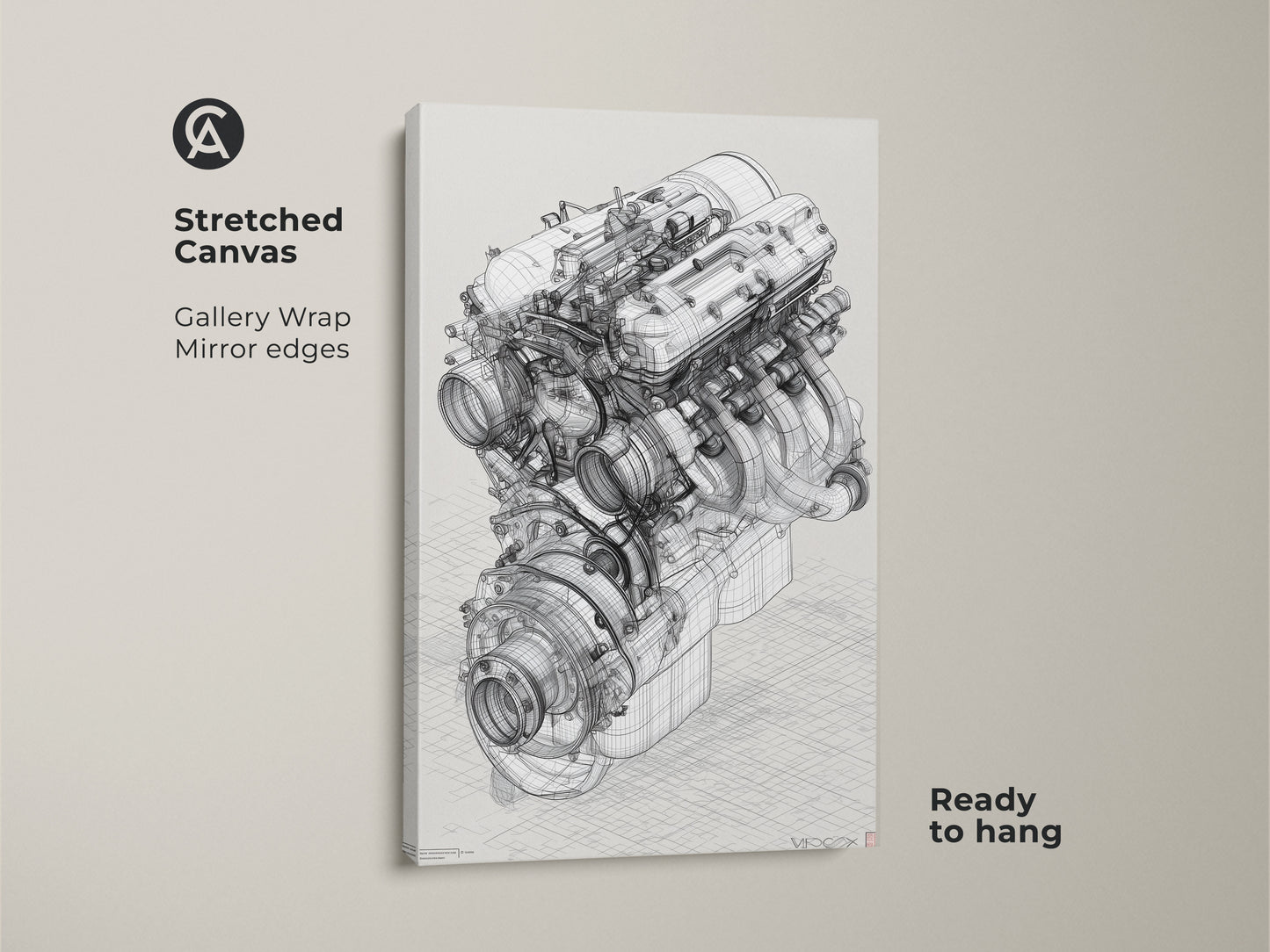 Stretched canvas automotive engine blueprint artwork. This technical drawing is ready to hang. The gallery wrap has mirror edges. It is a great gift idea for a car enthusiast or engineer. This artwork will add an industrial touch to any garage office or living space.