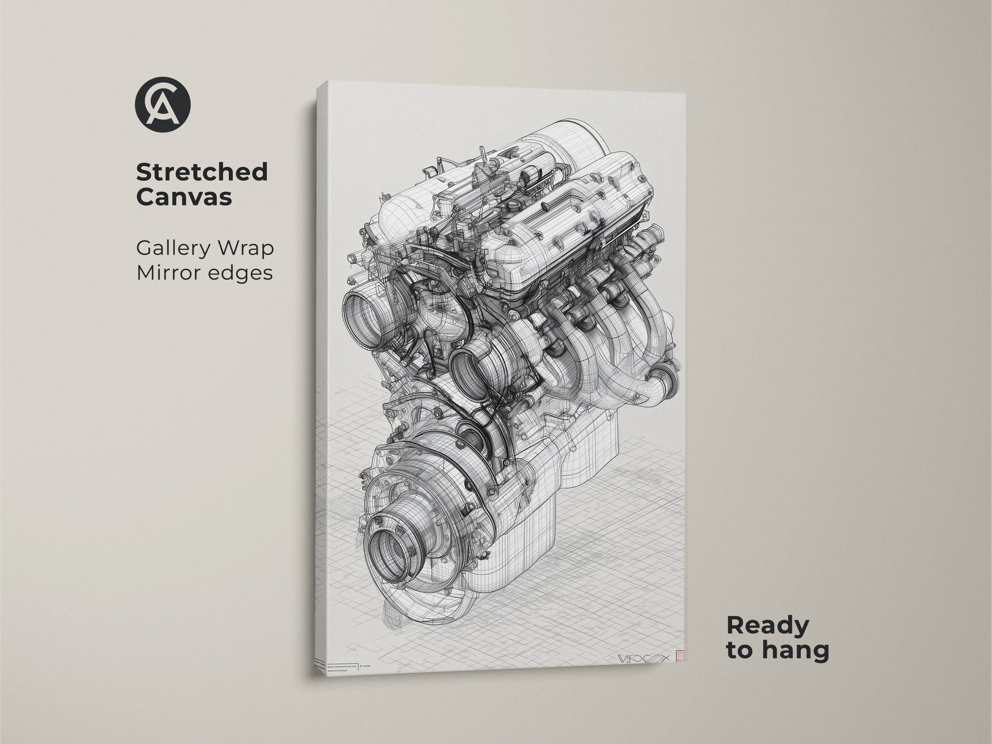 Stretched canvas automotive engine blueprint artwork. This technical drawing is ready to hang. The gallery wrap has mirror edges. It is a great gift idea for a car enthusiast or engineer. This artwork will add an industrial touch to any garage office or living space.