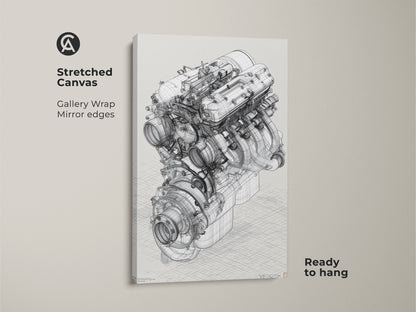 Stretched canvas automotive engine blueprint artwork. This technical drawing is ready to hang. The gallery wrap has mirror edges. It is a great gift idea for a car enthusiast or engineer. This artwork will add an industrial touch to any garage office or living space.