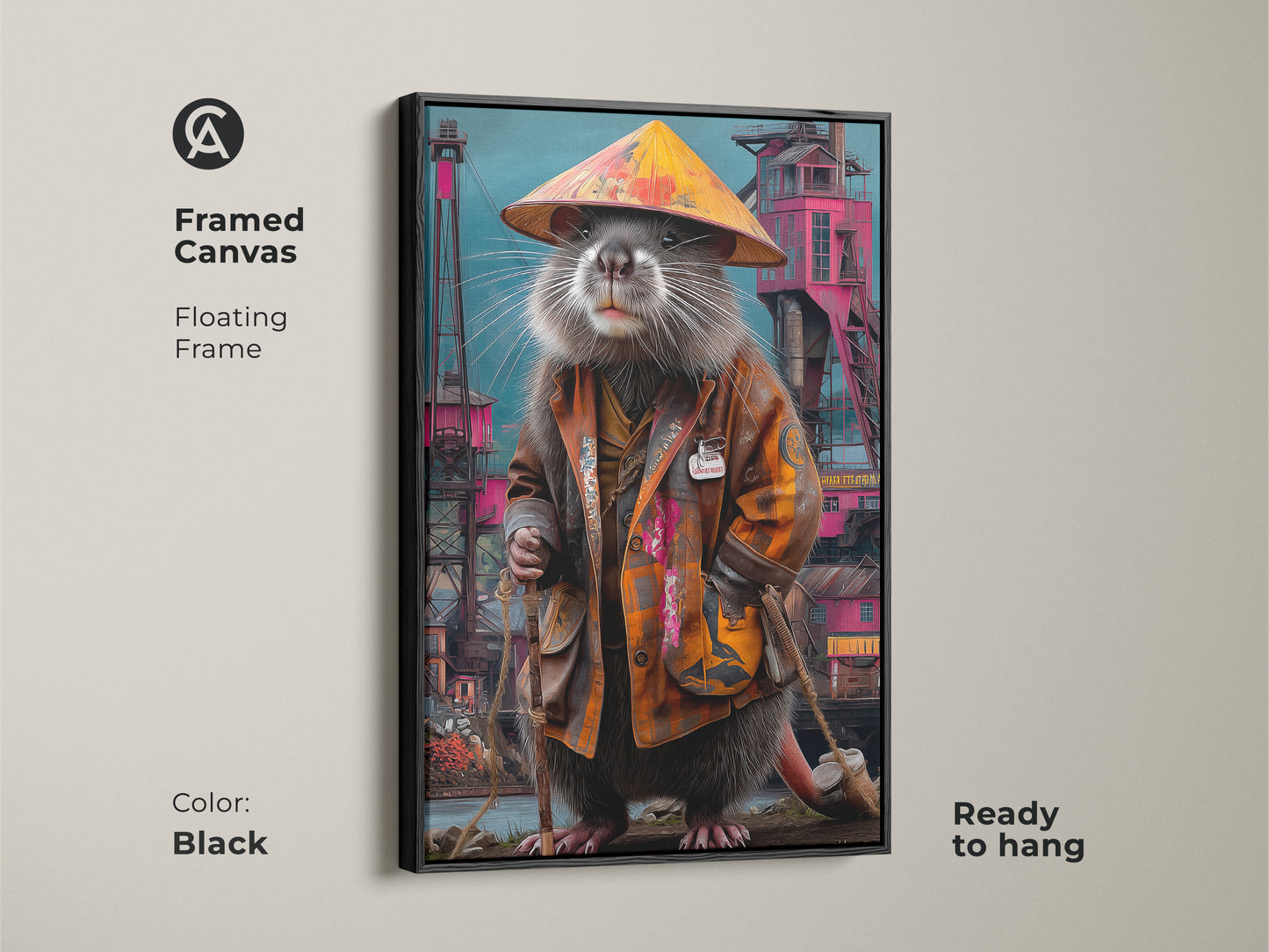 Framed canvas with a floating frame showcases the surreal rat king. The eclectic animal decor is ready to hang and adds character to any space. The industrial crane background has an orange teal color palette.