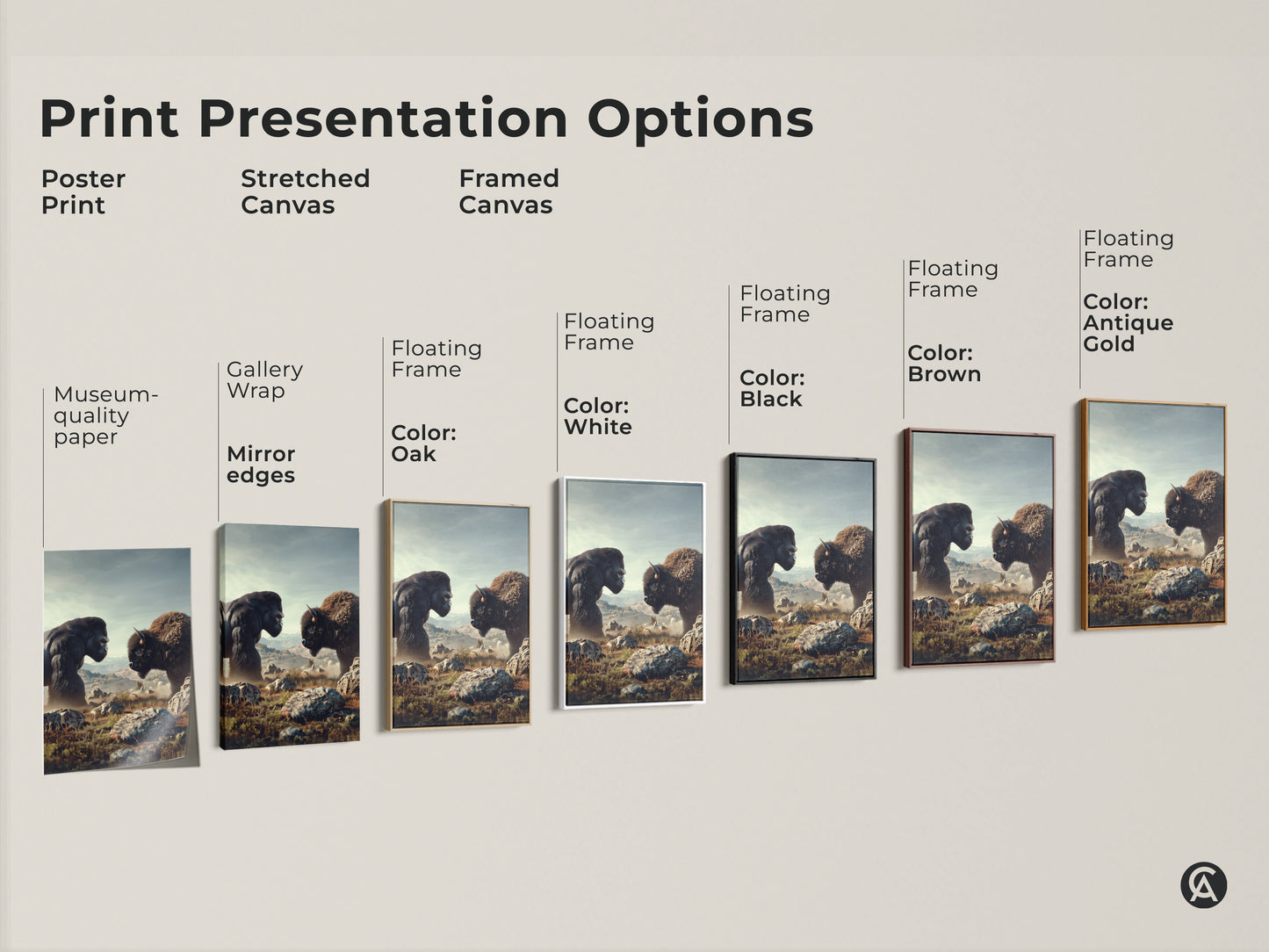 Explore print options for Gorilla and Bison artwork. Choose poster stretched or framed canvas. Different frame colors are available. This wildlife scene suits any decor style with its rustic earth tones.