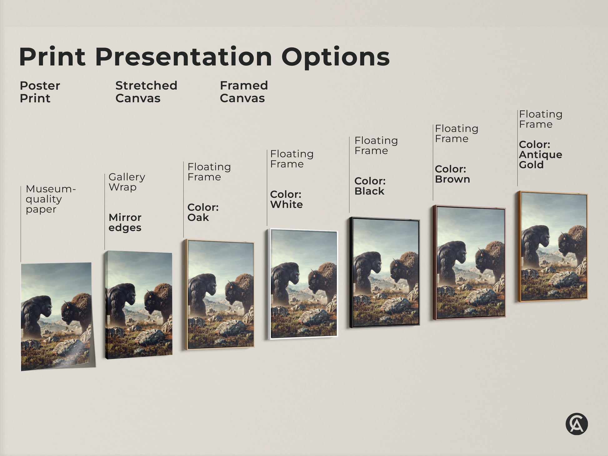 Explore print options for Gorilla and Bison artwork. Choose poster stretched or framed canvas. Different frame colors are available. This wildlife scene suits any decor style with its rustic earth tones.