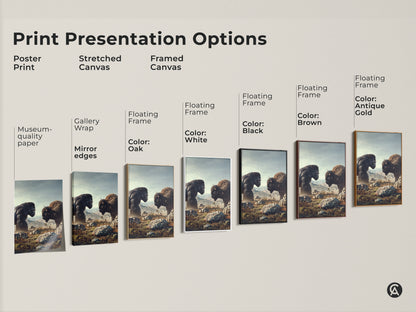 Explore print options for Gorilla and Bison artwork. Choose poster stretched or framed canvas. Different frame colors are available. This wildlife scene suits any decor style with its rustic earth tones.