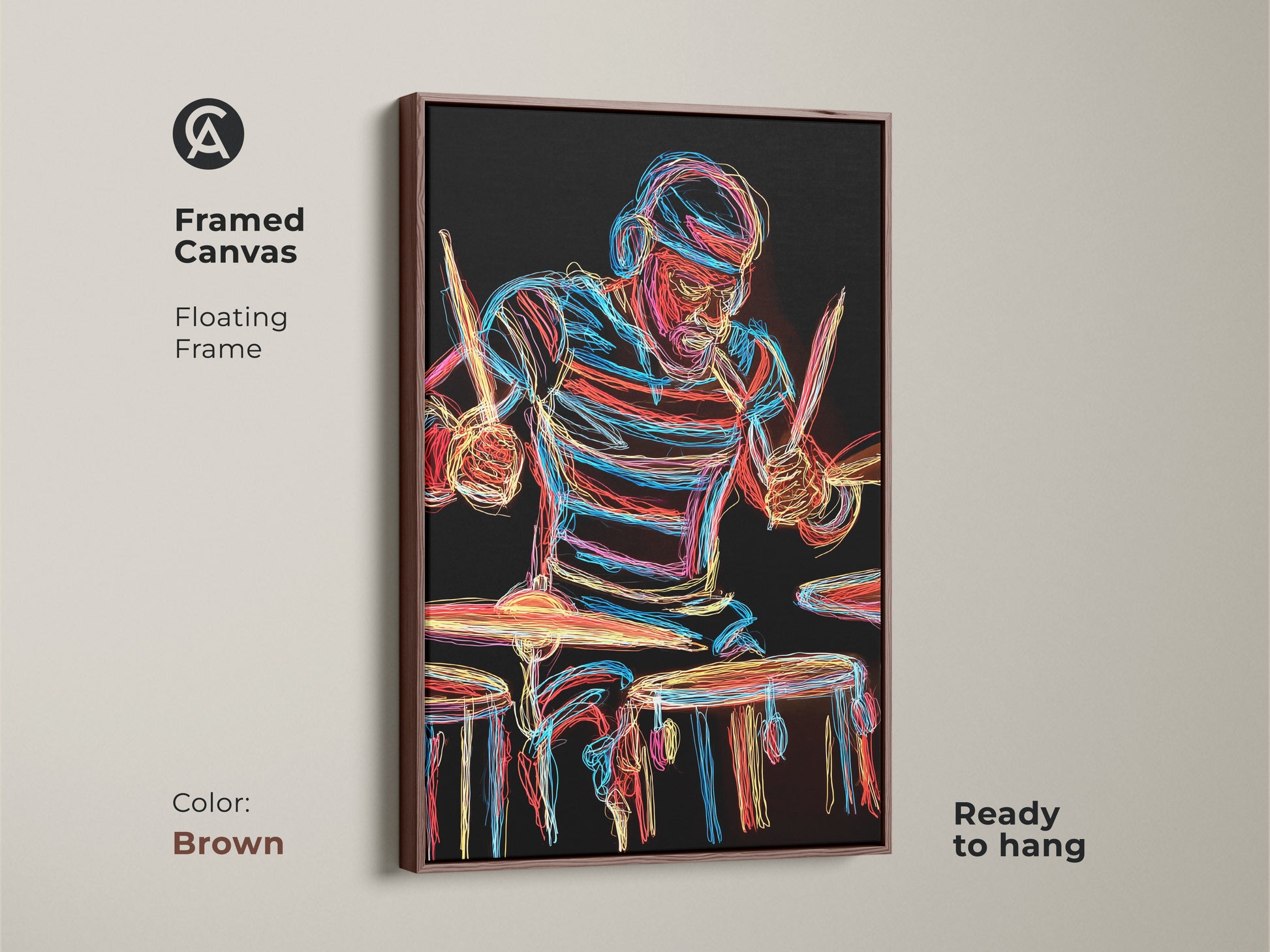 Brown Framed Canvas showcasing Neon Drummer Artwork. The warm tones create a cozy ambiance in your music space. The abstract lines and vibrant colors of this canvas will be a perfect home studio art print. Ready to hang.