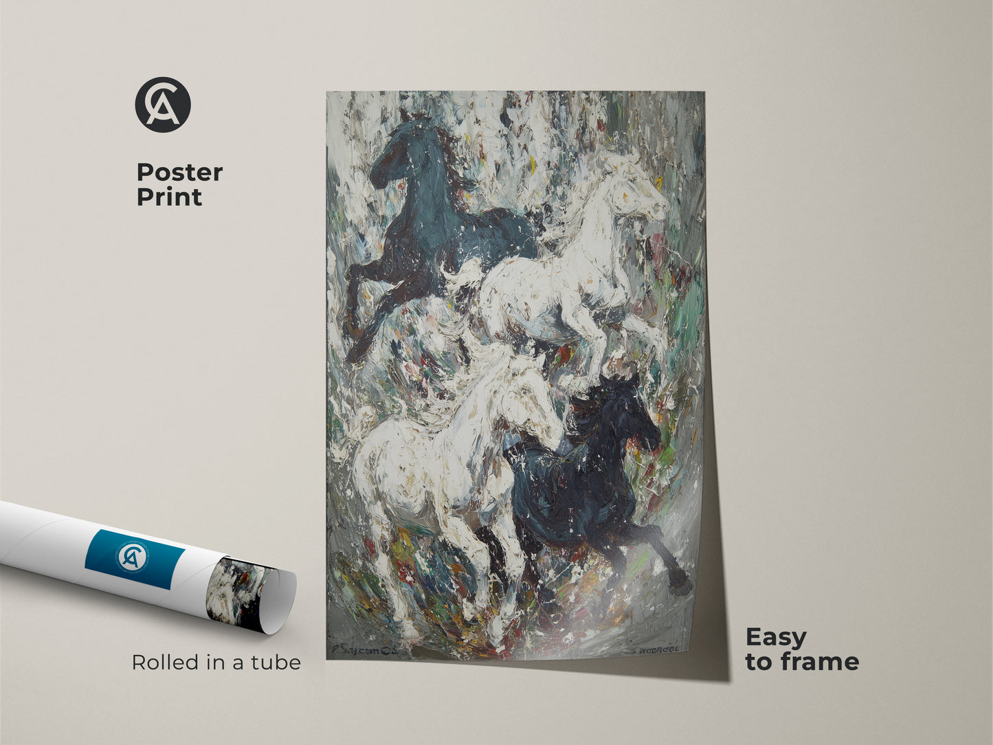Poster print of wild horses artwork rolled in a tube. Impressionistic black and white horse art is easy to frame. This animal wall art print adds an artistic touch to any space. Perfect for eclectic home decor. A high quality fine art horse print.