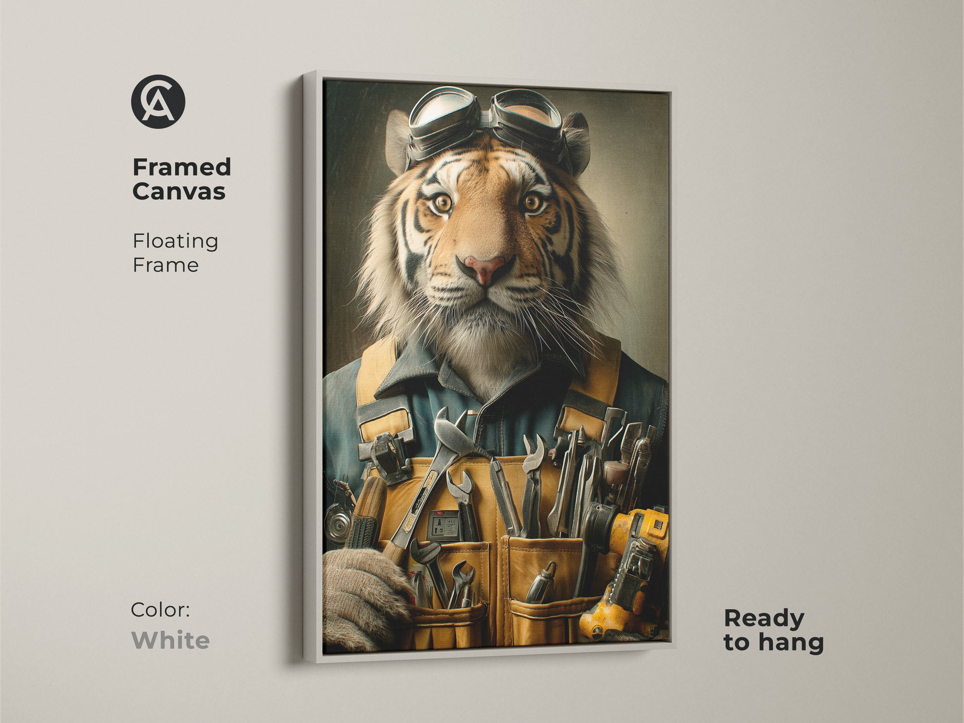 This framed canvas in white features a tiger mechanic artwork. The floating frame design is ready to hang bringing an artistic flair to any room. The anthropomorphic animal art with a painterly style is a unique piece. Perfect as eclectic wall hanging decor.