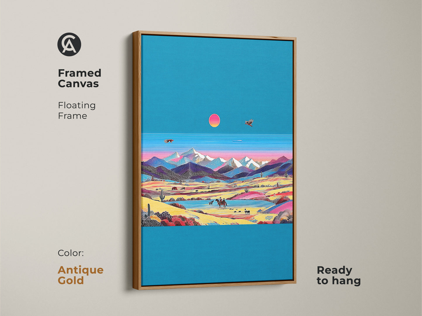 Framed canvas of a retro wave desert landscape with an antique gold floating frame. It features a stylized cowboy and mountain scene. The teal and pink artwork brings eclectic charm to any space. It makes a unique housewarming gift. Ready to hang art.