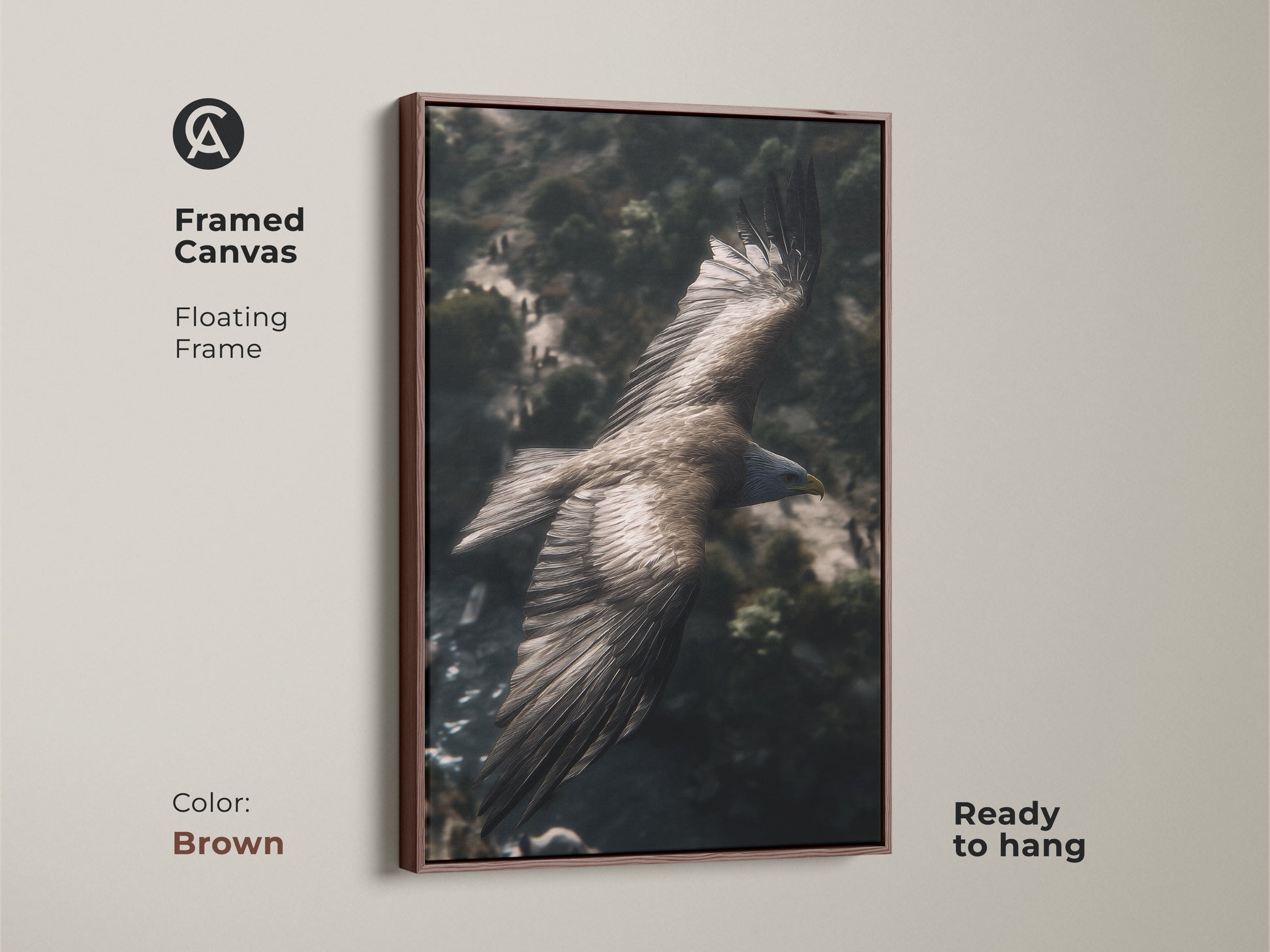 A brown framed canvas art print showing an eagle in flight. This rustic mountain landscape artwork is a wildlife bird of prey. It's ready to hang nature lover home decor.