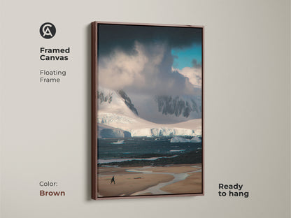 Brown framed canvas of Antarctica's stark beauty. A minimalist iceberg wall art. Featuring landscape photography. A blue and white palette that seamlessly fits modern home decor. Ready to hang