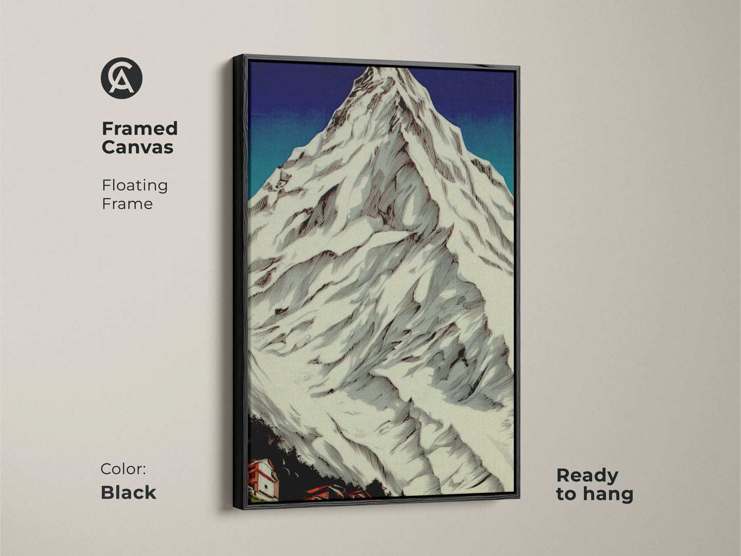 Framed canvas in black showcasing Snowy Peaks Landscape artwork. This rustic village art is ready to hang. Great as cozy home art or mountain cabin art. The linocut landscape enhances nature wall hanging. Ideal as a housewarming gift.