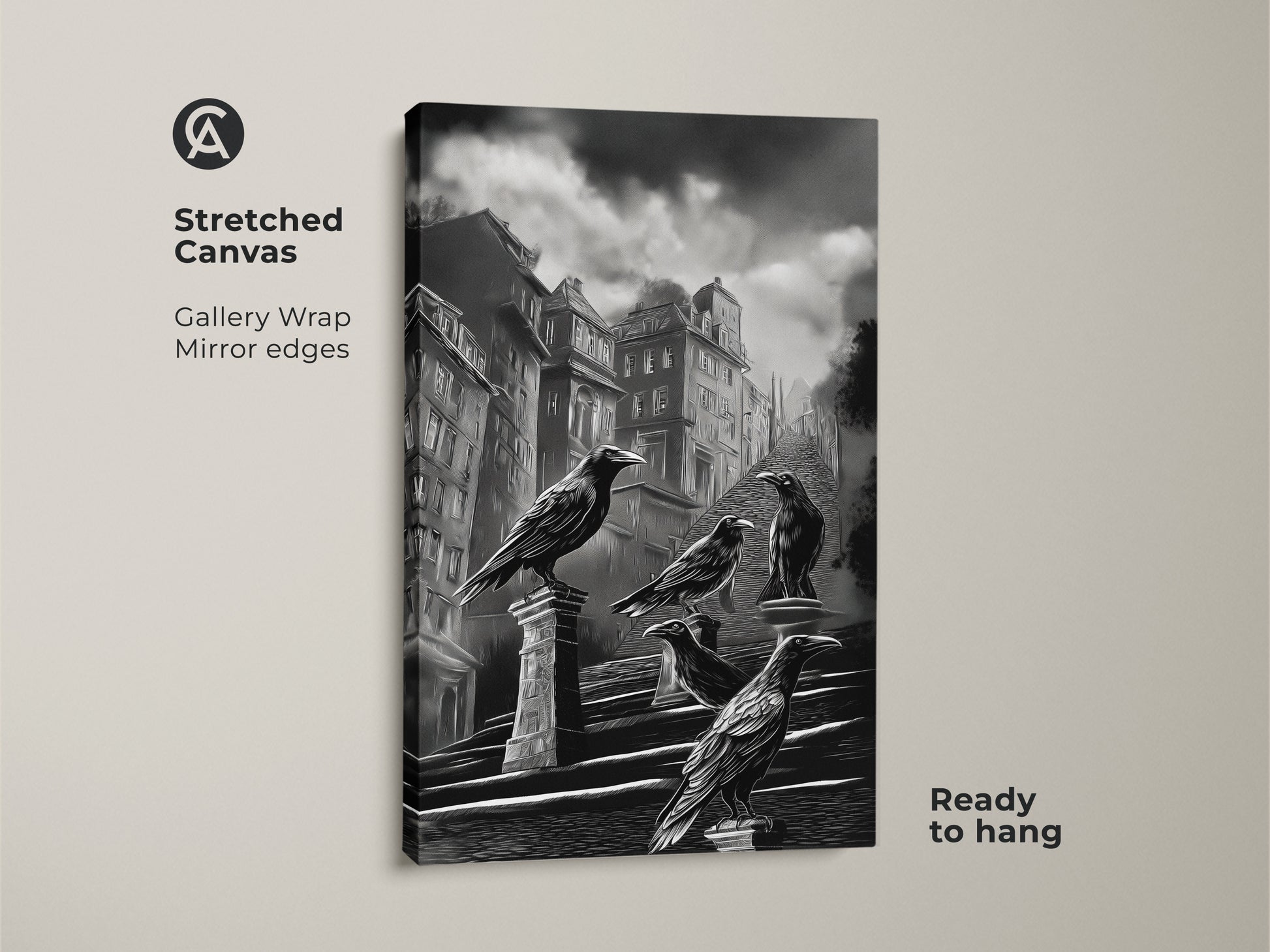A stretched canvas print showcases gothic cityscape art. This dark academia crow wall art features black and white urban architecture. It's a gothic literature fan gift ready to hang. The raven perched on building art creates a moody gothic atmosphere. This monochrome bird art print is perfect for dark academia home decor. Ideal gothic wall hanging art for a sophisticated space.