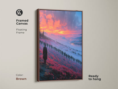 Framed canvas showcasing dreamlike landscape art. This artistic wall decor is a unique home gift. This artistic canvas print is ready to hang and is in a brown floating frame.