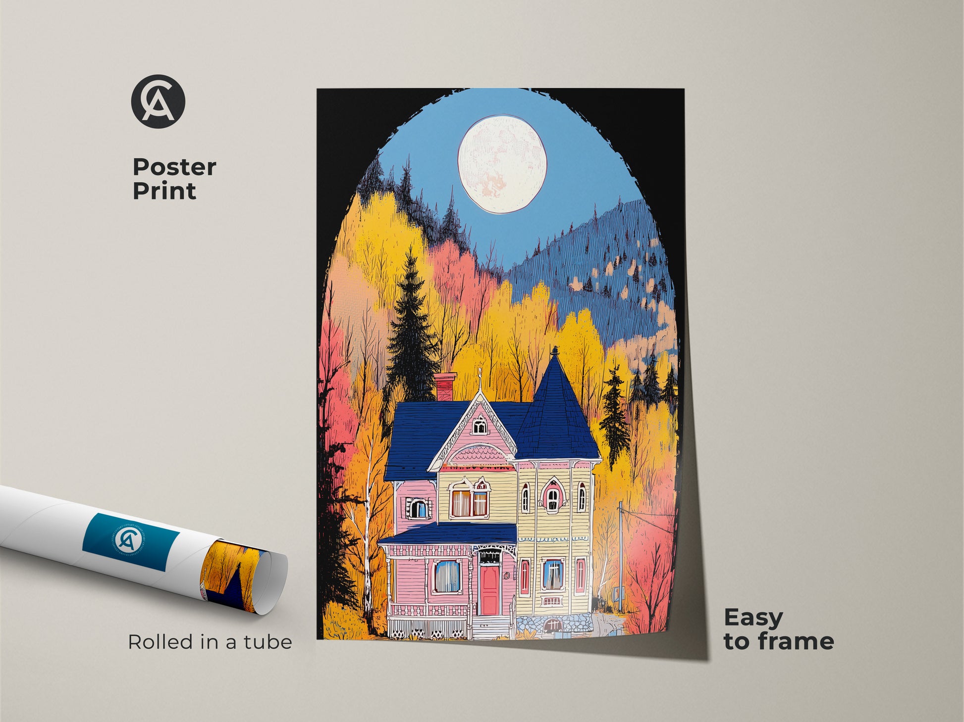 Poster print of a charming Victorian house under a full moon. This folk art landscape features pink blue and yellow colors. The print is rolled in a tube for easy framing. A unique and artsy housewarming gift idea.