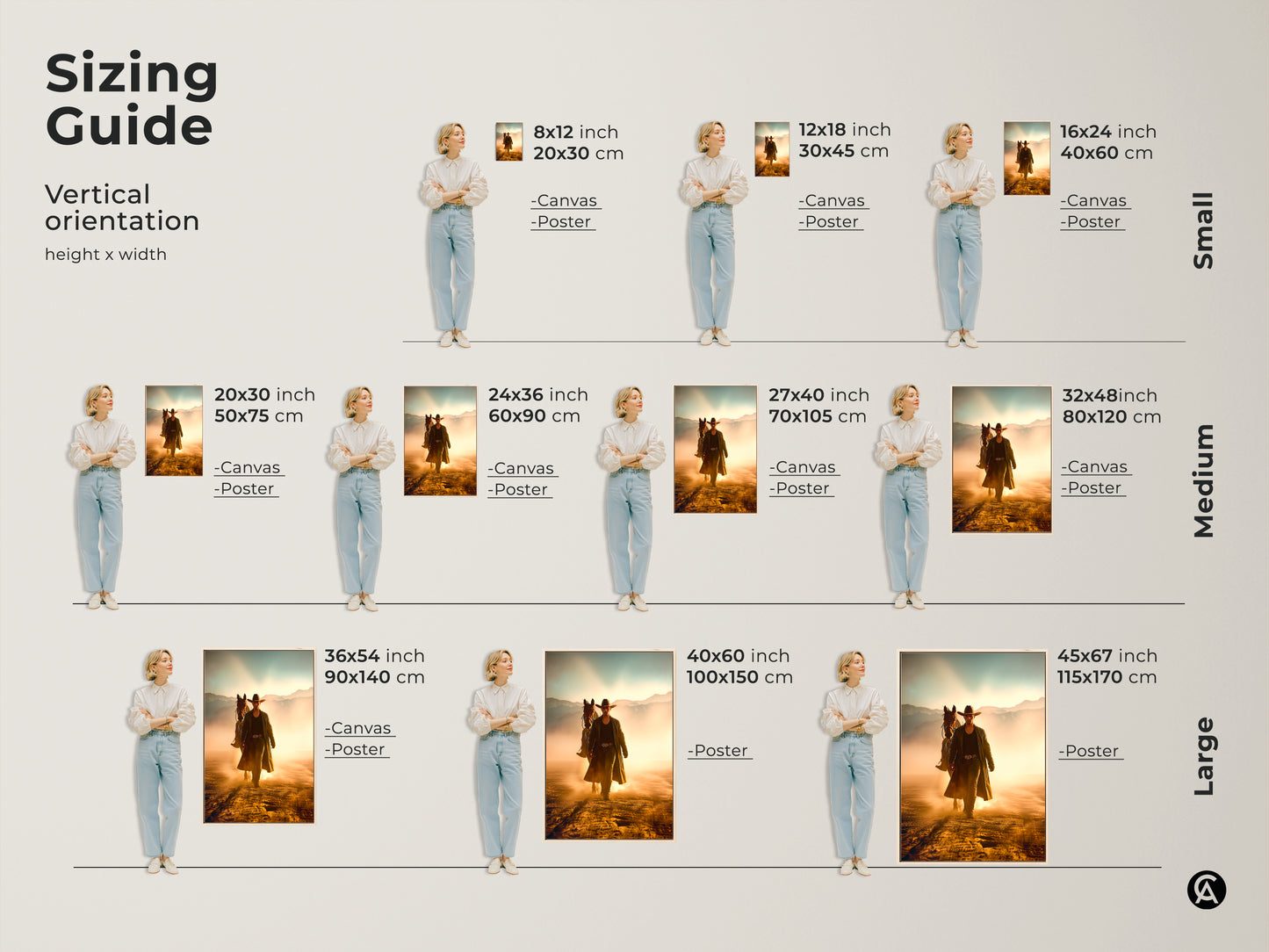 Sizing guide showcasing Western landscape canvas prints with a cowboy and horse theme. See how different sizes fit various spaces. These rustic art prints feature golden yellow and dusty orange tones ideal for study room decor. Find the perfect size for your unique wall art gift.