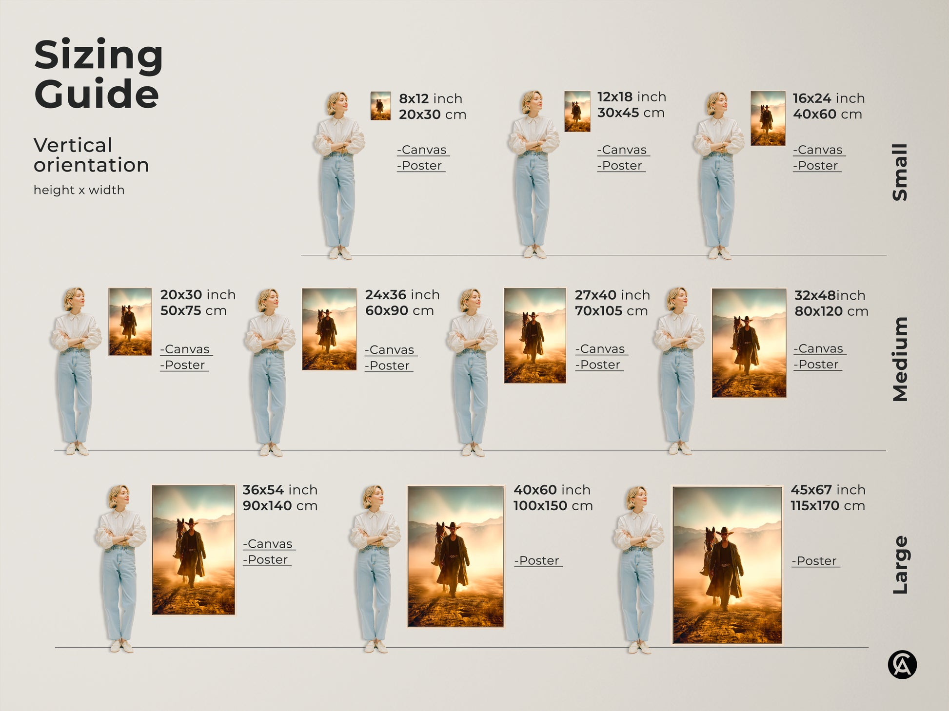 Sizing guide showcasing Western landscape canvas prints with a cowboy and horse theme. See how different sizes fit various spaces. These rustic art prints feature golden yellow and dusty orange tones ideal for study room decor. Find the perfect size for your unique wall art gift.