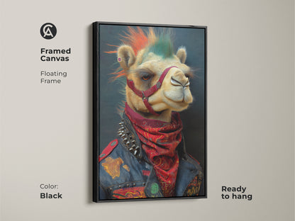 This framed canvas features a punk camel. Complete with a mohawk and studded jacket. The floating frame enhances the artwork. This rocker animal art adds an edgy touch to your decor. Ideal for punk rock fans and collectors of eclectic office art. Ready to hang for easy setup.