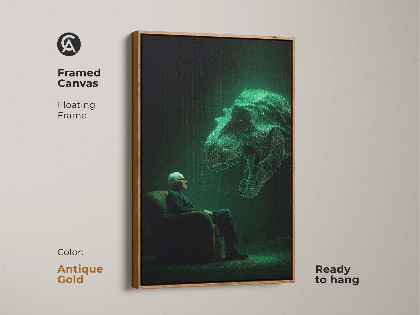 Add a touch of elegance with this framed canvas art. A man sits facing a luminous T-Rex. The antique gold floating frame enhances its appeal. Ready to hang this artwork brings a unique charm. This piece is sure to impress.