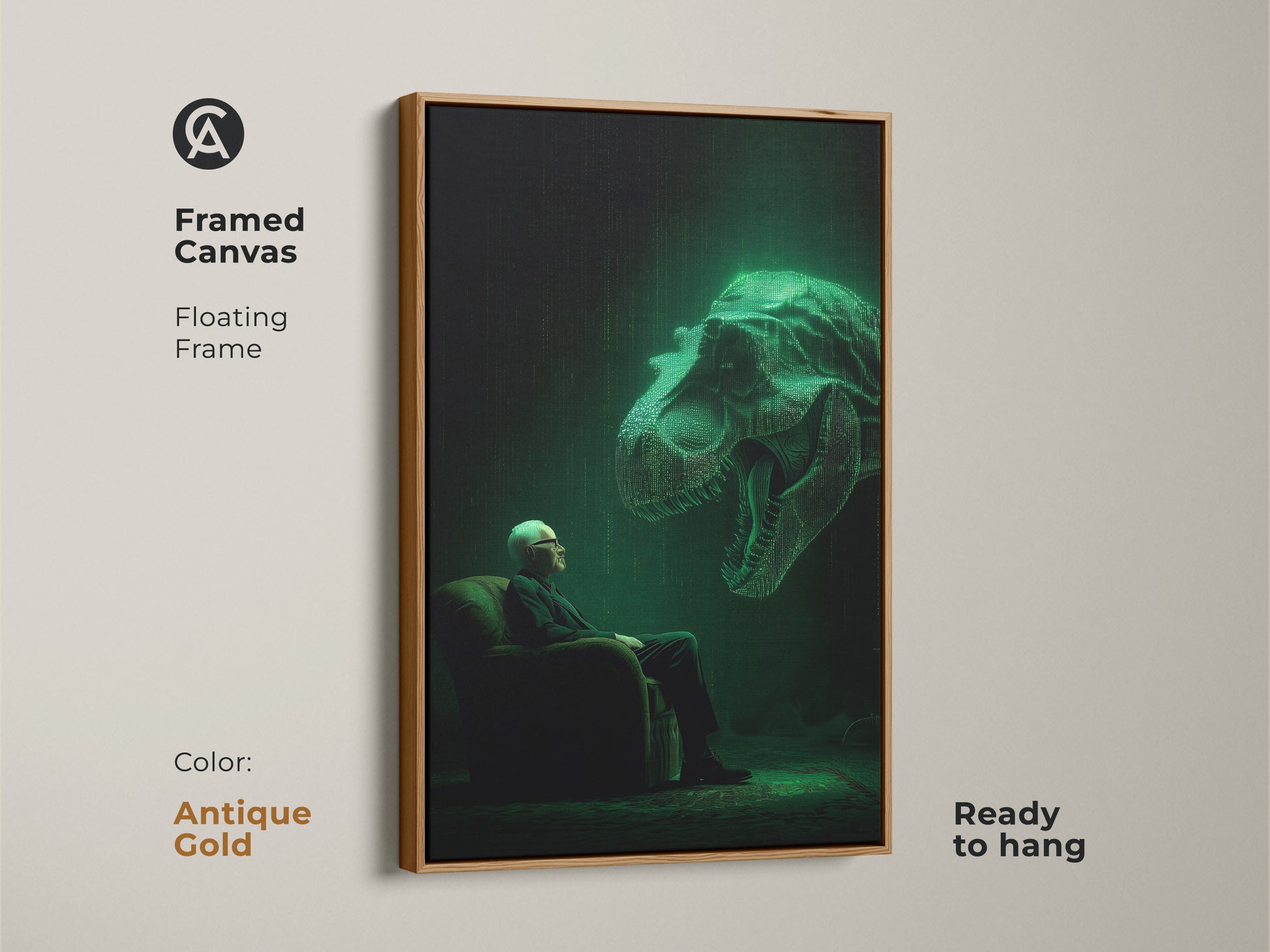 Add a touch of elegance with this framed canvas art. A man sits facing a luminous T-Rex. The antique gold floating frame enhances its appeal. Ready to hang this artwork brings a unique charm. This piece is sure to impress.