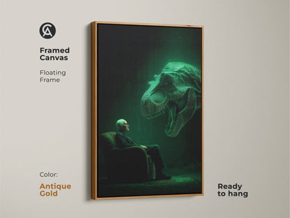Add a touch of elegance with this framed canvas art. A man sits facing a luminous T-Rex. The antique gold floating frame enhances its appeal. Ready to hang this artwork brings a unique charm. This piece is sure to impress.