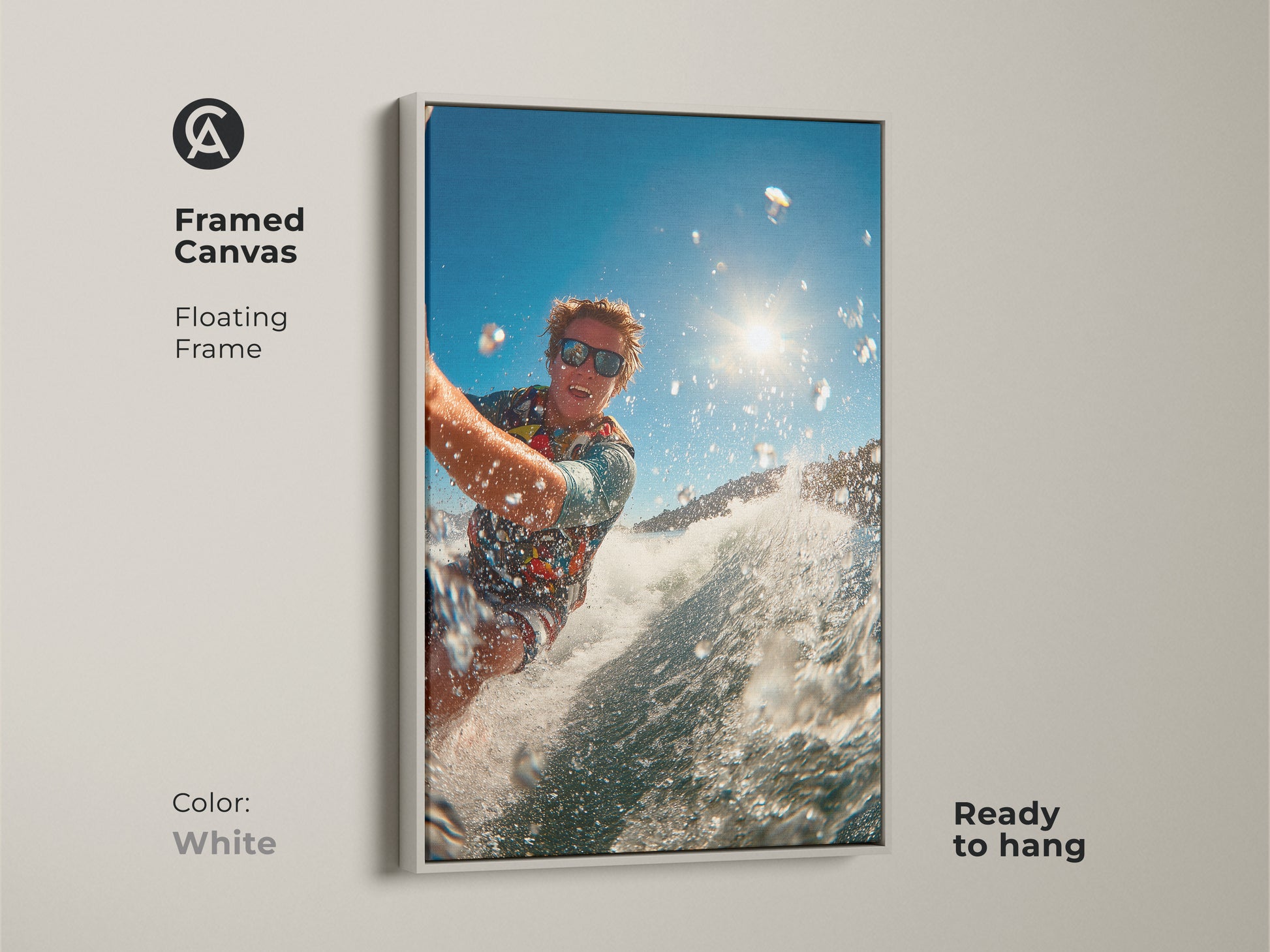 Framed canvas art of a surfer riding a wave is displayed. The white floating frame offers a clean modern look. Ready to hang this piece brightens any space. It's perfect for adding a fresh touch of action to your wall art.