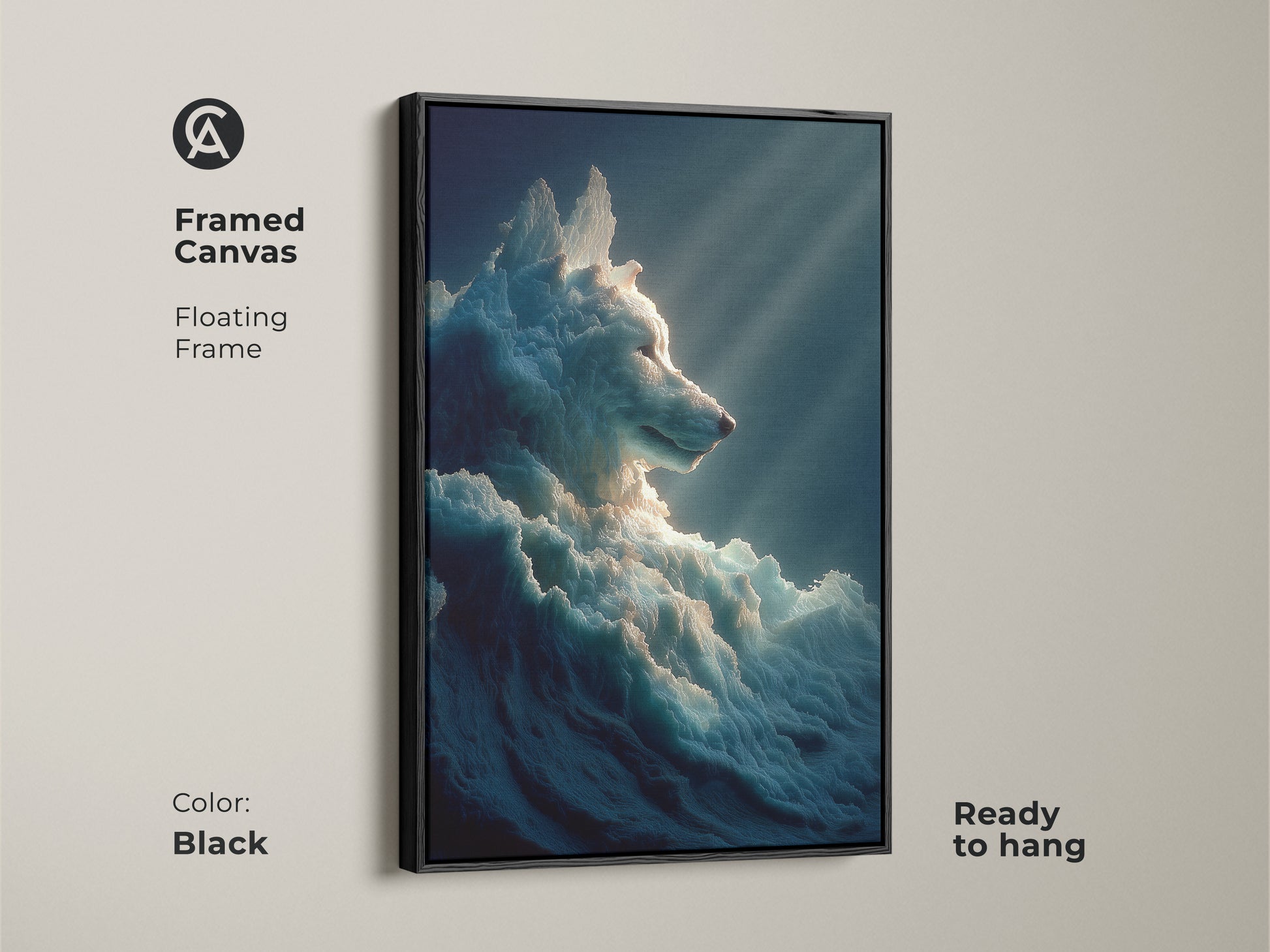 A framed canvas of surreal ice wolf art. The floating frame is black in color. This fantasy animal print is ready to hang. This artwork is a great gift for animal lovers. It enhances any room's decor.