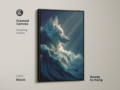 A framed canvas of surreal ice wolf art. The floating frame is black in color. This fantasy animal print is ready to hang. This artwork is a great gift for animal lovers. It enhances any room's decor.