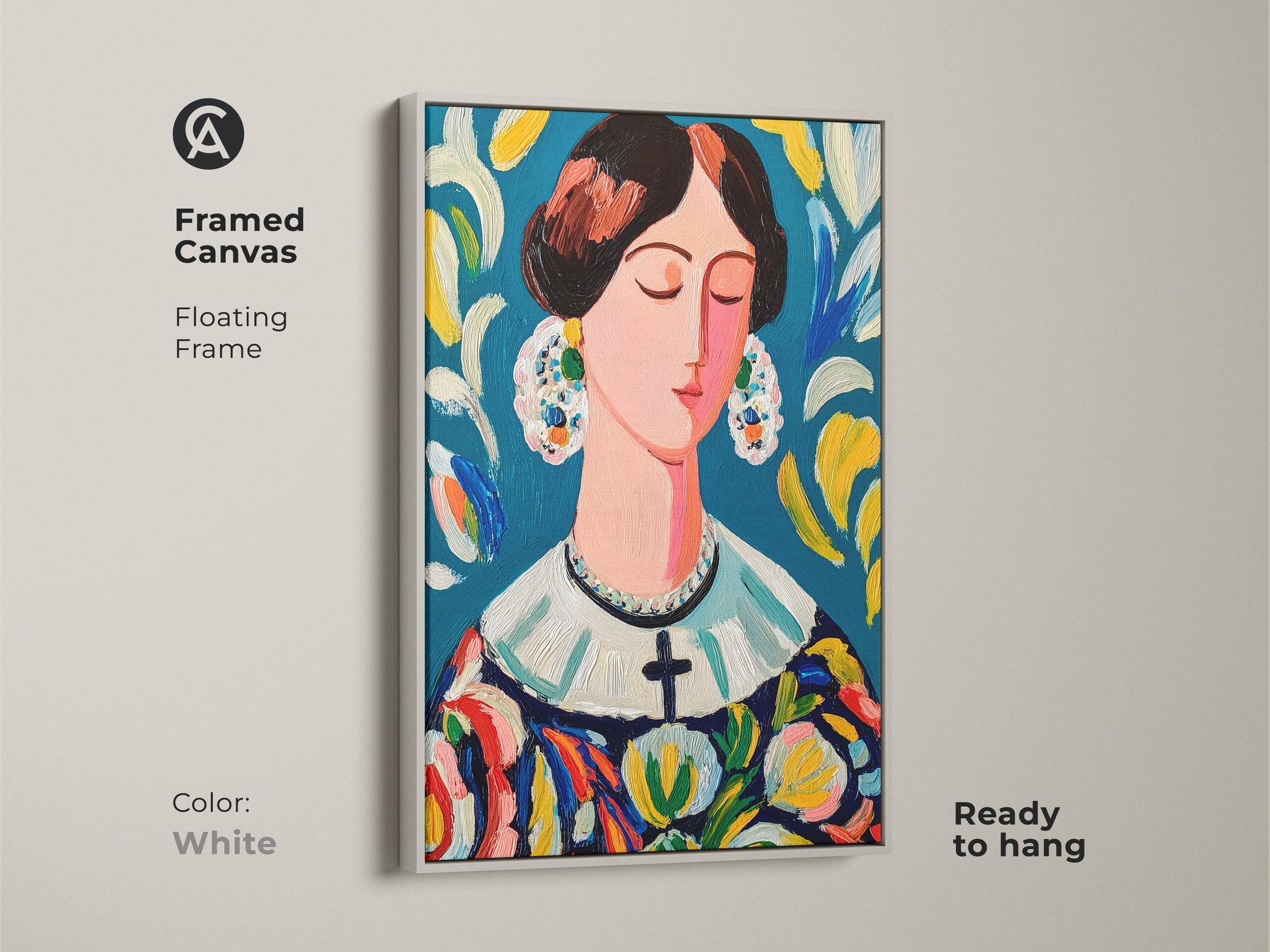 Framed canvas artwork with a floating white frame. Ready to hang art presenting a beautiful woman. The lady features a colorful dress and ornate earrings. This piece offers a clean modern look. A great addition to contemporary interiors.