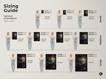 Sizing guide showcasing the roaring lion canvas and poster prints. Vertical orientation options include small medium and large sizes. See how the wildlife animal artwork fits in various room settings. Find the perfect size for your decor.