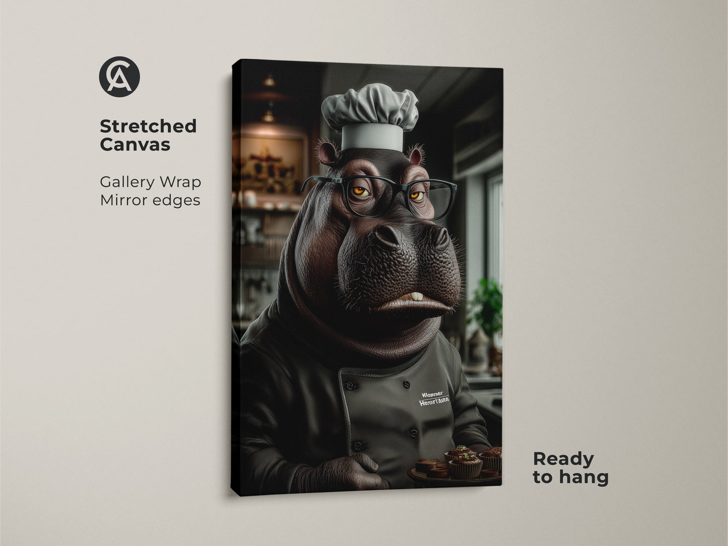 A stretched canvas print showcases a funny hippo chef holding muffins. This animal chef canvas art adds an eclectic style to any kitchen or dining space. Ready to hang with mirror edges its the perfect gift for animal lover. The hippo is wearing a chef hat and jacket.