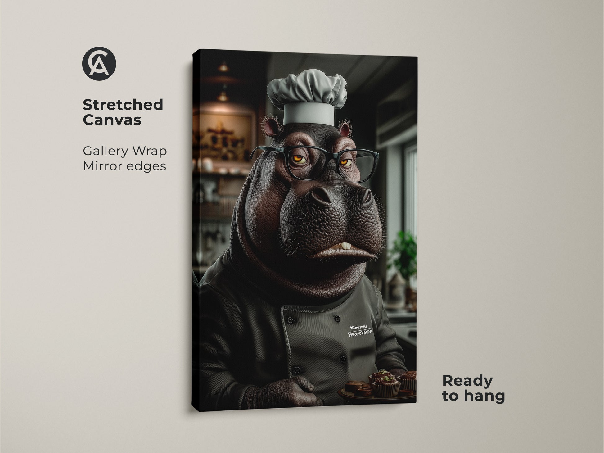 A stretched canvas print showcases a funny hippo chef holding muffins. This animal chef canvas art adds an eclectic style to any kitchen or dining space. Ready to hang with mirror edges its the perfect gift for animal lover. The hippo is wearing a chef hat and jacket.