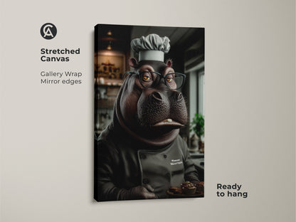 A stretched canvas print showcases a funny hippo chef holding muffins. This animal chef canvas art adds an eclectic style to any kitchen or dining space. Ready to hang with mirror edges its the perfect gift for animal lover. The hippo is wearing a chef hat and jacket.