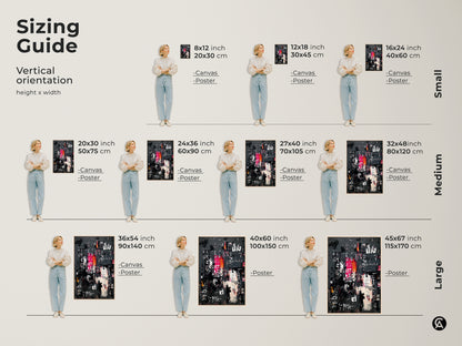 Sizing guide for vertical abstract artwork. Visualize different sizes from small to large. Options include 8x12 inch to 45x67 inch. Available as canvas or poster. Find the perfect fit for your space with our size comparison guide.