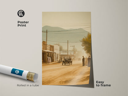 Museum-quality poster print of a vintage western town. This sepia toned artwork captures a street with period buildings and figures. The poster print is rolled in a tube for easy framing. Add a touch of historical art to your space with this easy to frame poster. Ideal for collectors of western themed art.