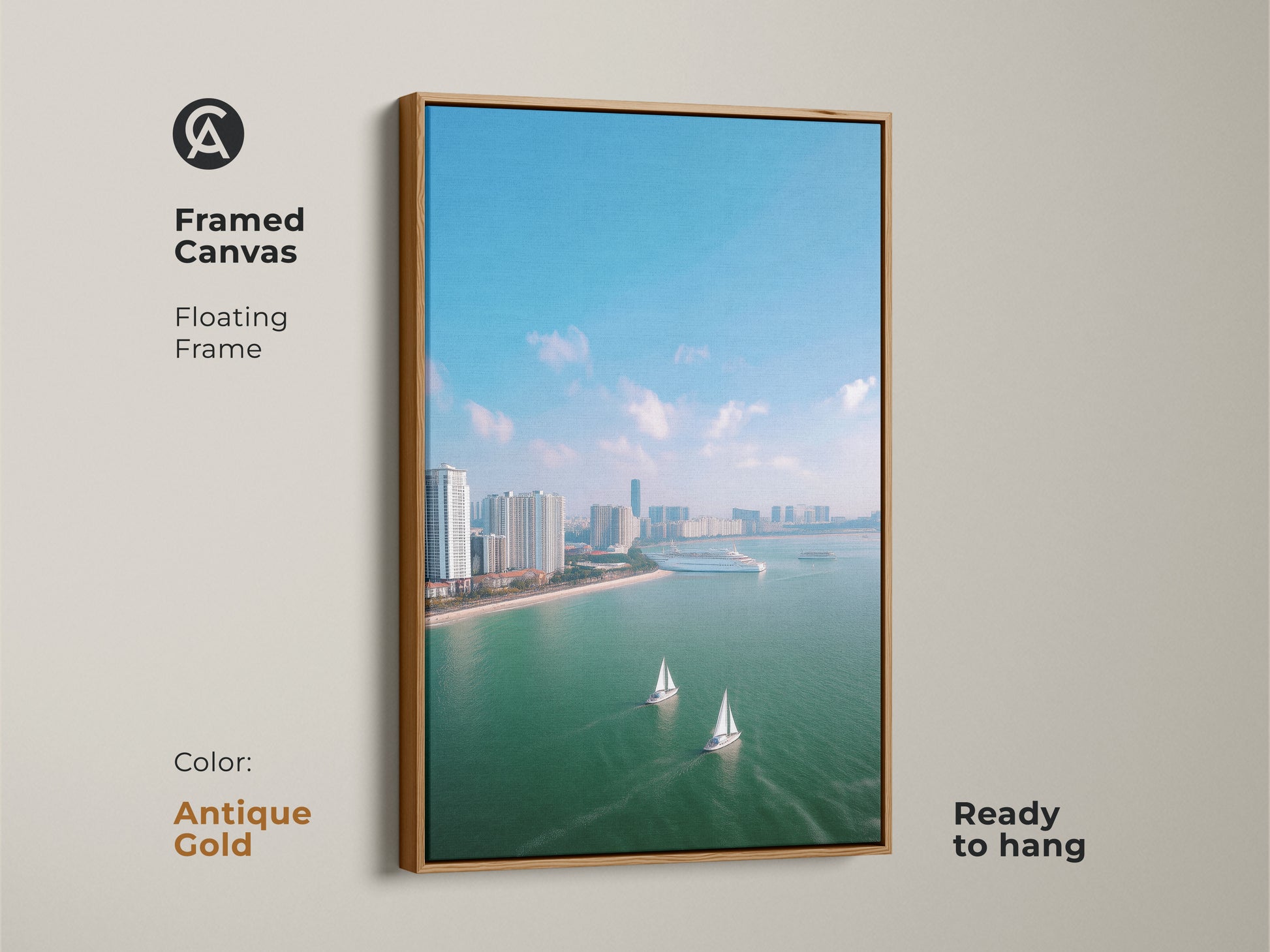 Framed canvas artwork featuring an aerial cityscape with sailboats. This ocean view artwork comes in an antique gold floating frame. The modern travel art is ready to hang showcasing a city skyline in teal blue hues. This coastal decor canvas brings a contemporary style to any space. It is ideal for nautical home decor.