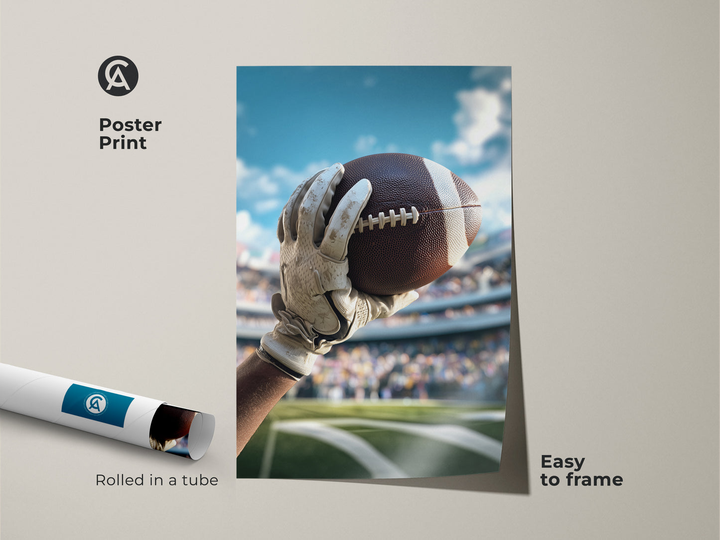 Poster print featuring a realistic American Football in hand. This sports artwork is easy to frame. Ideal for a man cave or as a gift for a football enthusiast.