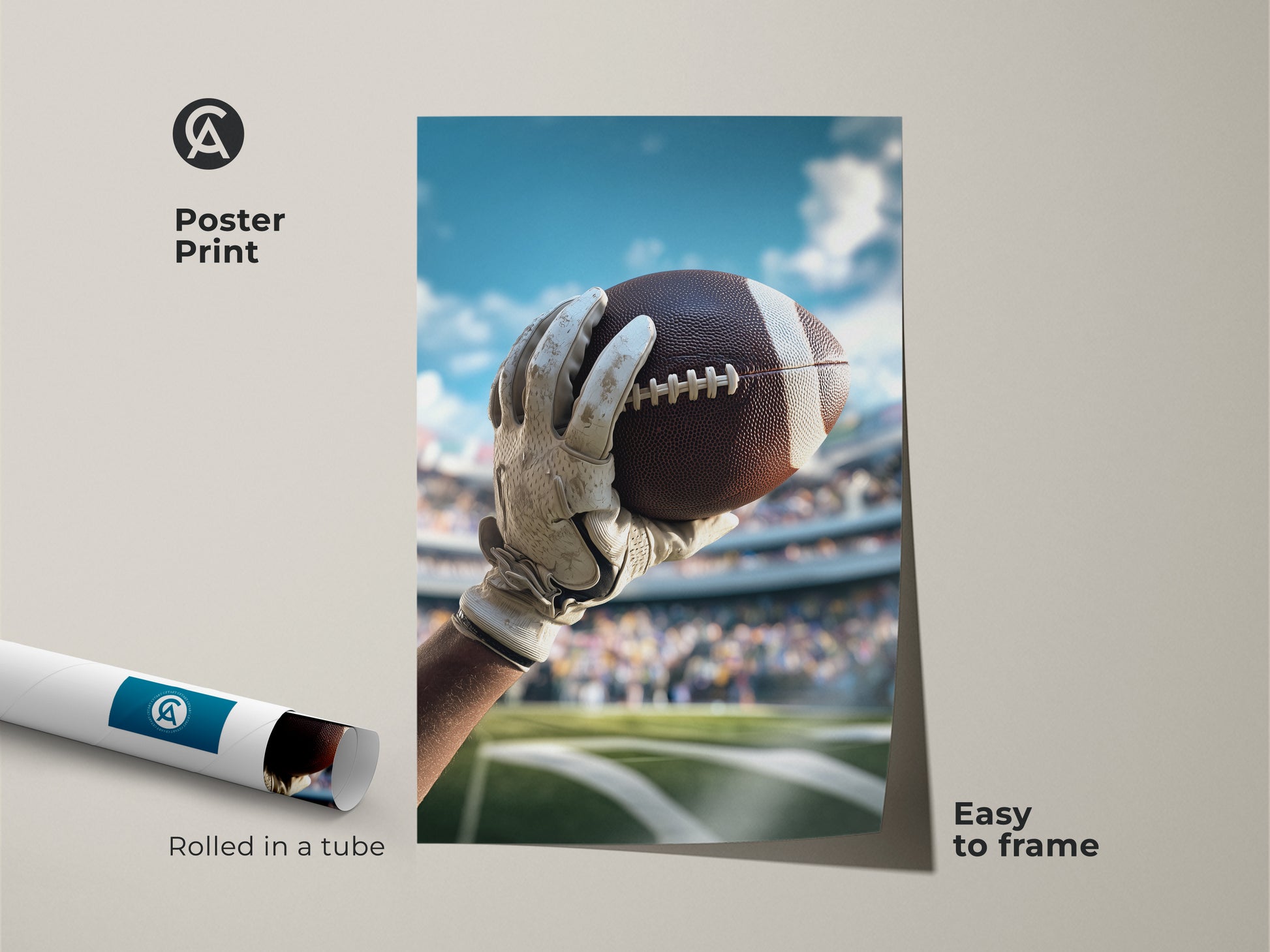 Poster print featuring a realistic American Football in hand. This sports artwork is easy to frame. Ideal for a man cave or as a gift for a football enthusiast.