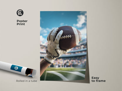 Poster print featuring a realistic American Football in hand. This sports artwork is easy to frame. Ideal for a man cave or as a gift for a football enthusiast.