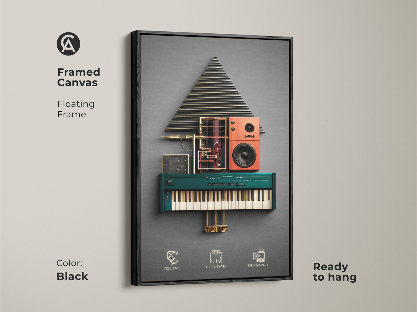 Black framed canvas featuring abstract audio visual art. Modern geometric composition with teal orange and gold. Ready to hang music producer gift for contemporary synth art decor. Perfect industrial music decor.