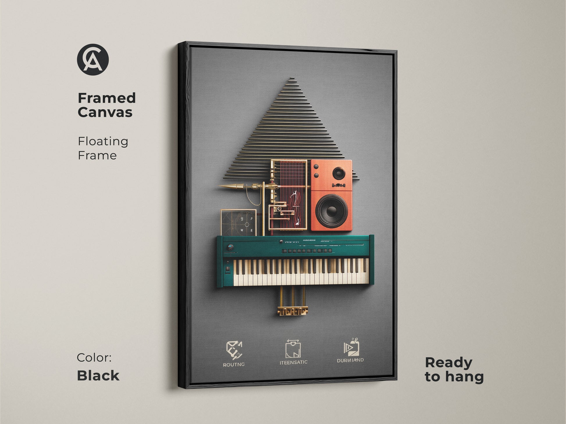 Black framed canvas featuring abstract audio visual art. Modern geometric composition with teal orange and gold. Ready to hang music producer gift for contemporary synth art decor. Perfect industrial music decor.