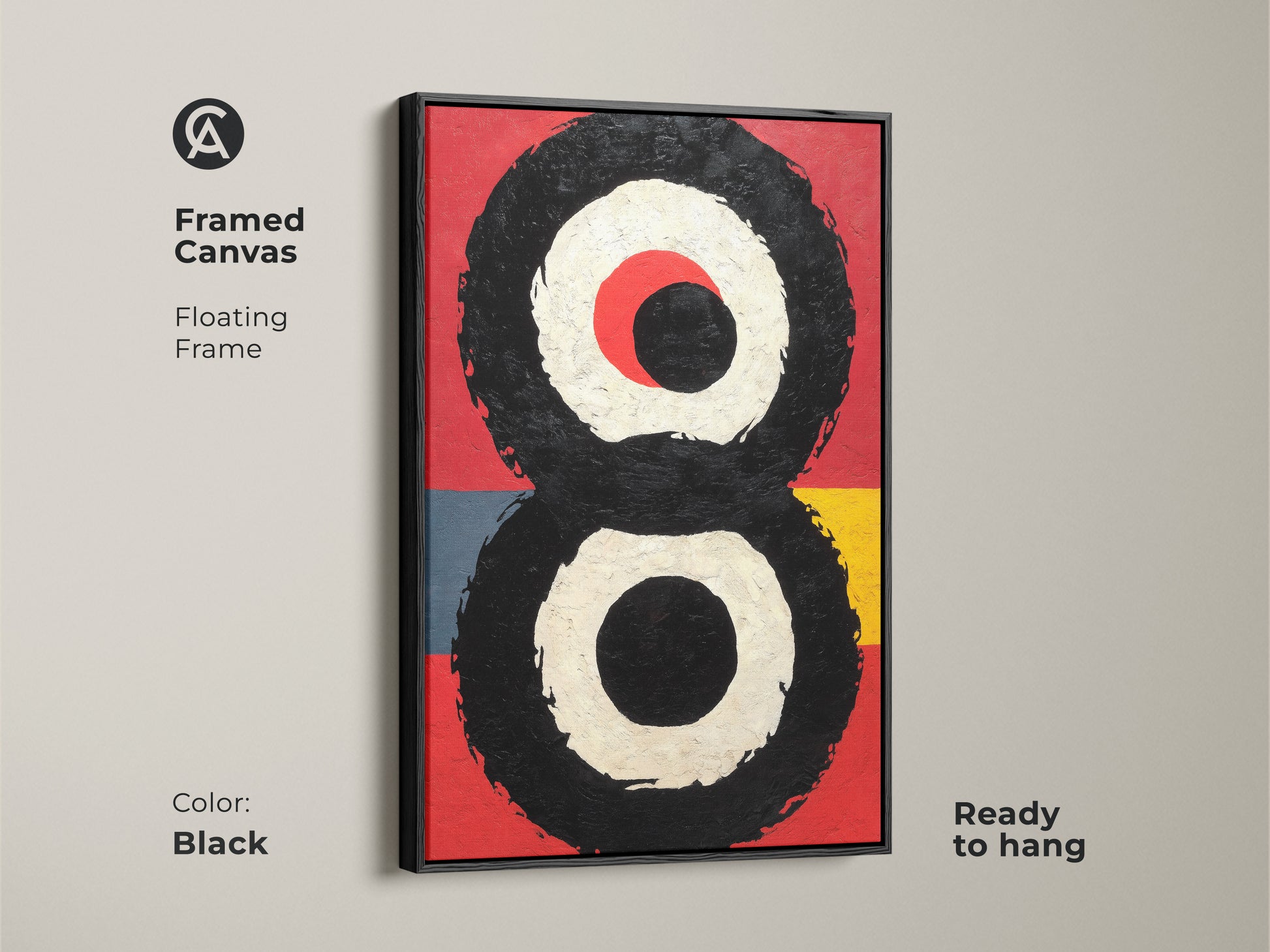Framed Canvas in a black floating frame shows a red black abstract art piece. Mid century modern wall art contemporary canvas art perfect for entryway wall decor. Ready to hang and enjoy in any space.
