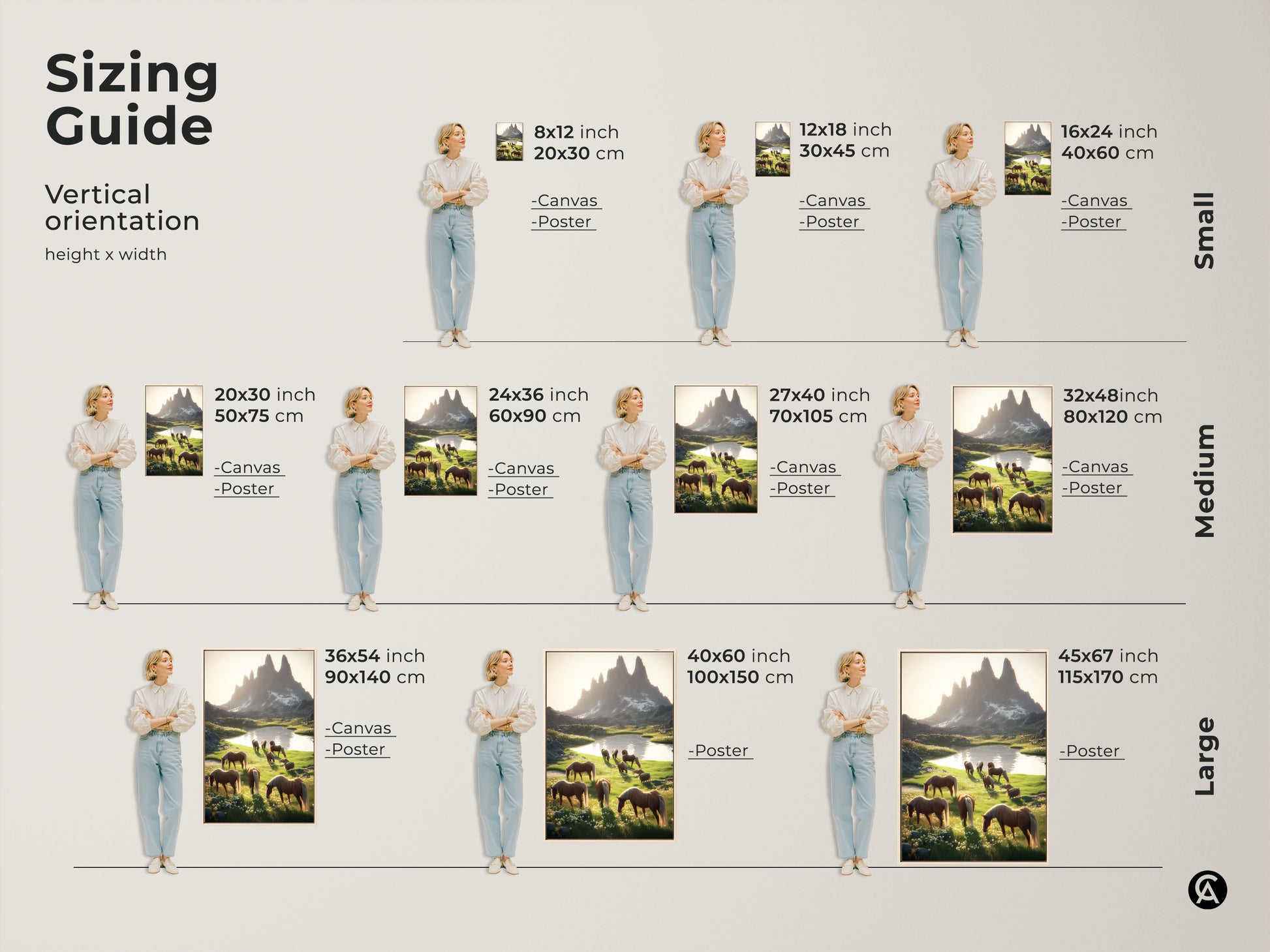 Sizing guide for vertical horse art prints. Available as canvas or poster in sizes from 8x12 to 45x67 inches. Find the perfect fit for your space. Ideal for bedroom wall decor horses or farmhouse landscape painting.
