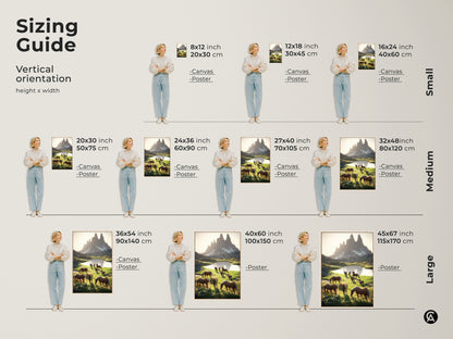 Sizing guide for vertical horse art prints. Available as canvas or poster in sizes from 8x12 to 45x67 inches. Find the perfect fit for your space. Ideal for bedroom wall decor horses or farmhouse landscape painting.