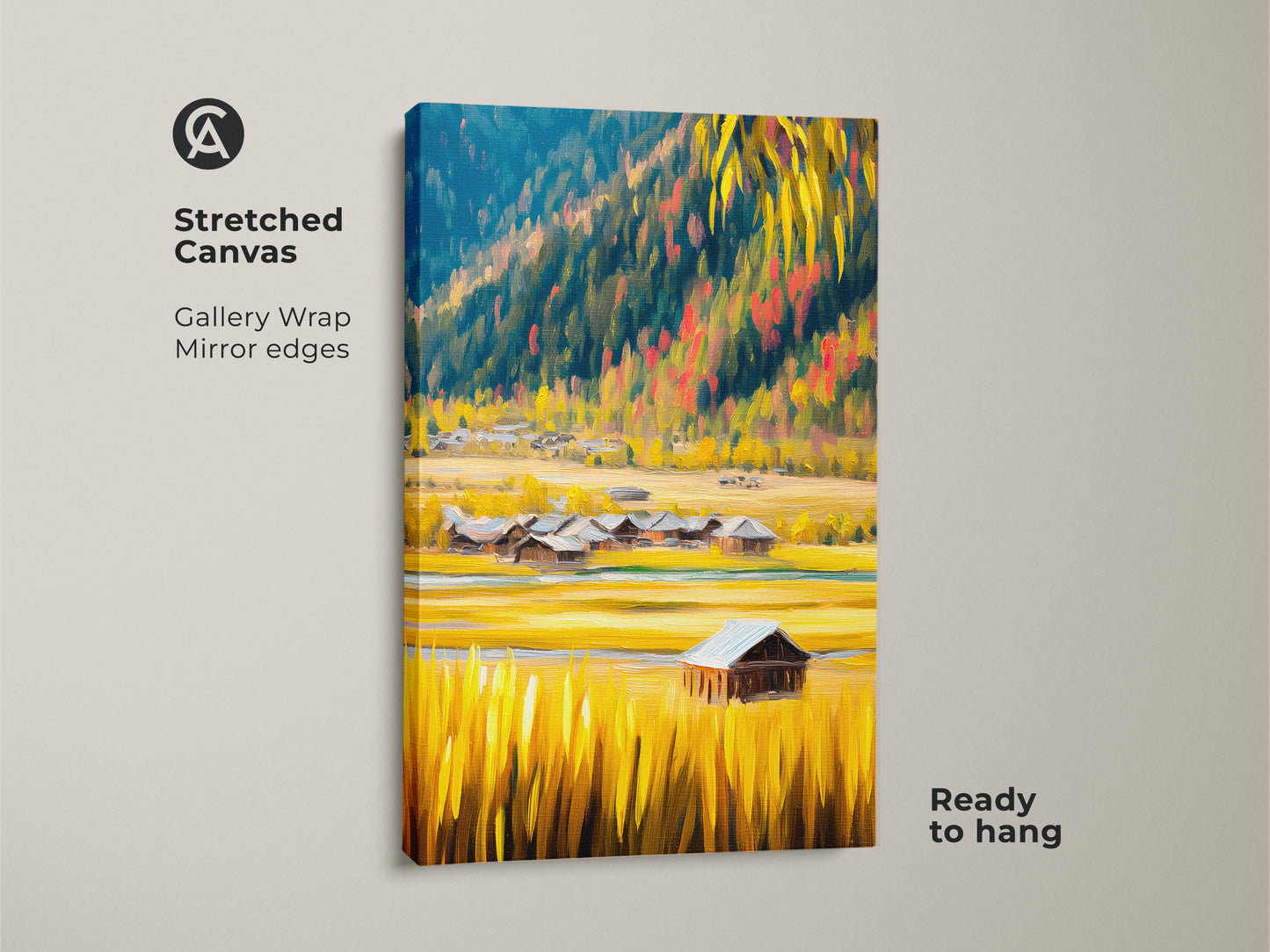 Stretched canvas of a rustic barn landscape. Golden yellow fields meet blue mountains in this farmhouse wall art piece. The gallery wrap and mirror edges enhance the artwork. Ready to hang this print brings a rustic countryside charm to any farmhouse living room or bedroom.